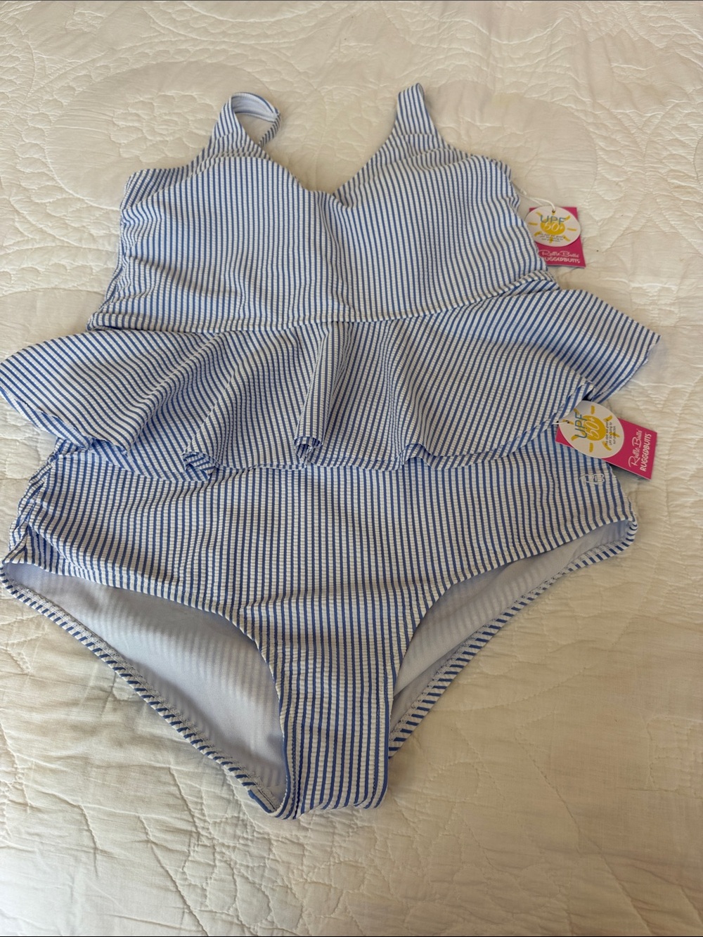 Women’s Periwinkle Blue Seersucker Two-Piece Swimsuit by Ruffle Butts NWT